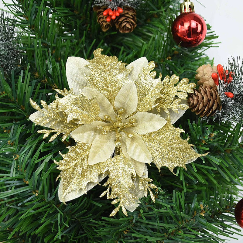 5pcs 14cm Glitter Artificial Christmas Flowers Xmas Tree Ornaments Merry Christmas Decorations for Home New Year Gifts Navidad