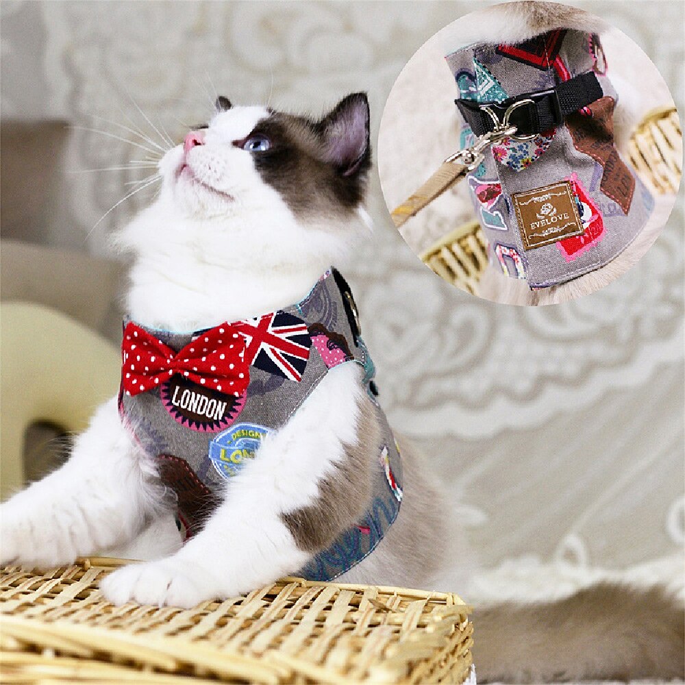 Fashion Cat Harness and Leash Set Bow Tie Adjustable Cute Cats Collar Outdoor Walking For Kitten Cats Accessories Supplies - anconmall