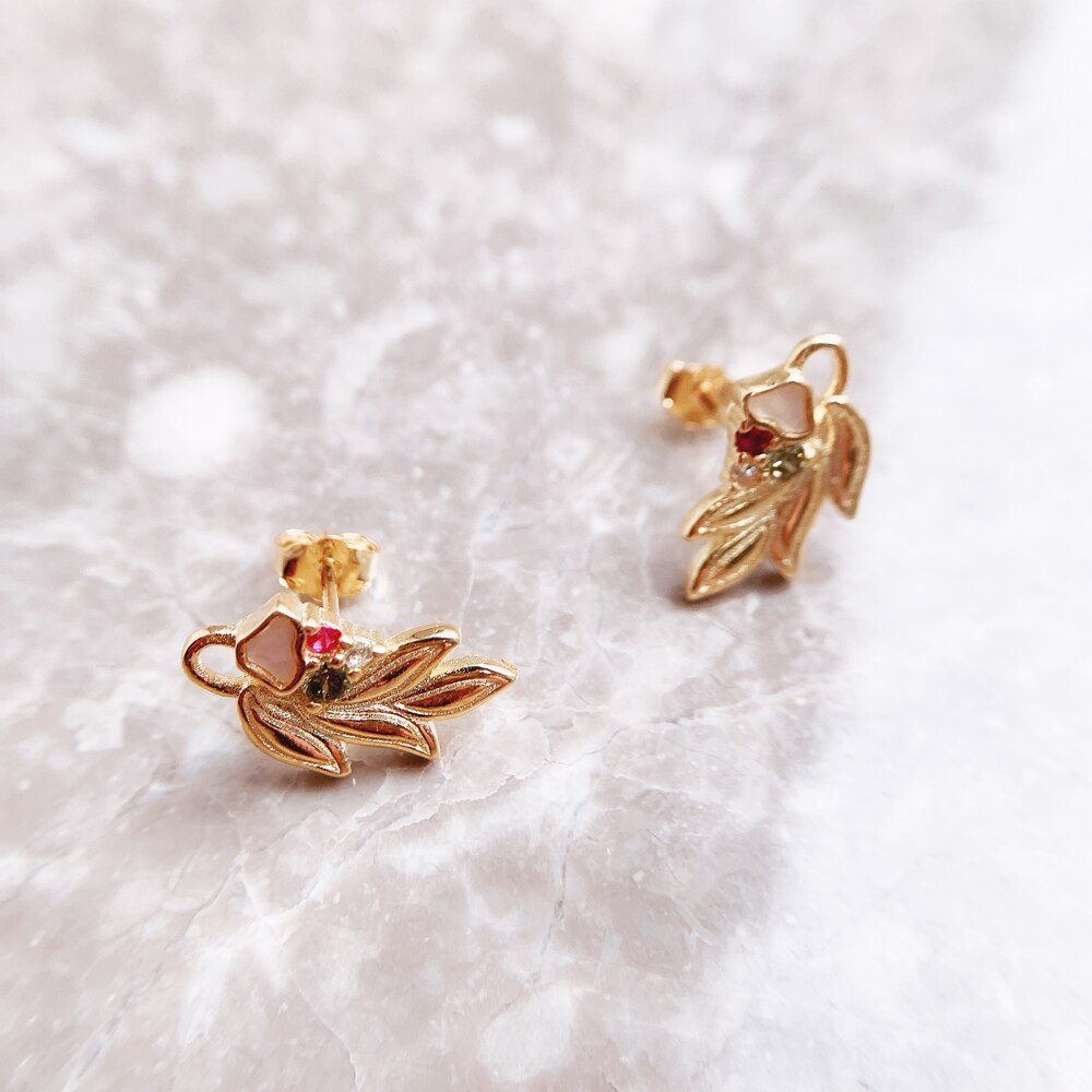Ear Studs Golden Flower &amp; Leaf,Europe Fine Jewerly For Women,2022 Summer Romantic Gift In 925 Sterling Silver