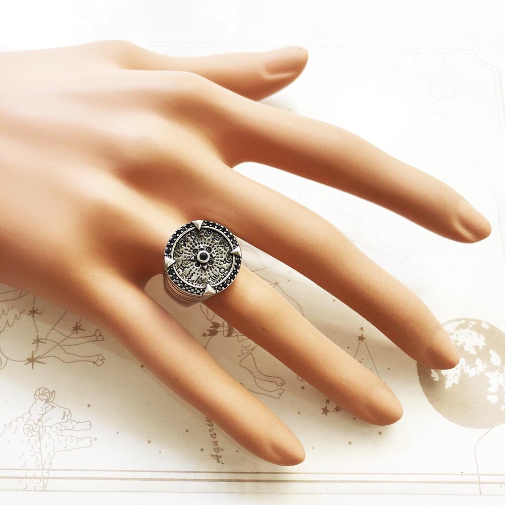 Elements of Nature Cocktail Ring in 925 Sterling Silver,Vintage Gift for Men,Europe Winter Fine Jewelry