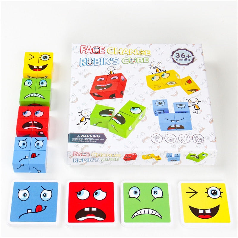 Montessori Face Change Blocks Wooden Toys Board Game Cartoon Puzzle Wooden Level Game Thinking Challenge Toys for Children