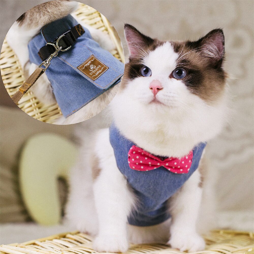 Fashion Cat Harness and Leash Set Bow Tie Adjustable Cute Cats Collar Outdoor Walking For Kitten Cats Accessories Supplies - anconmall