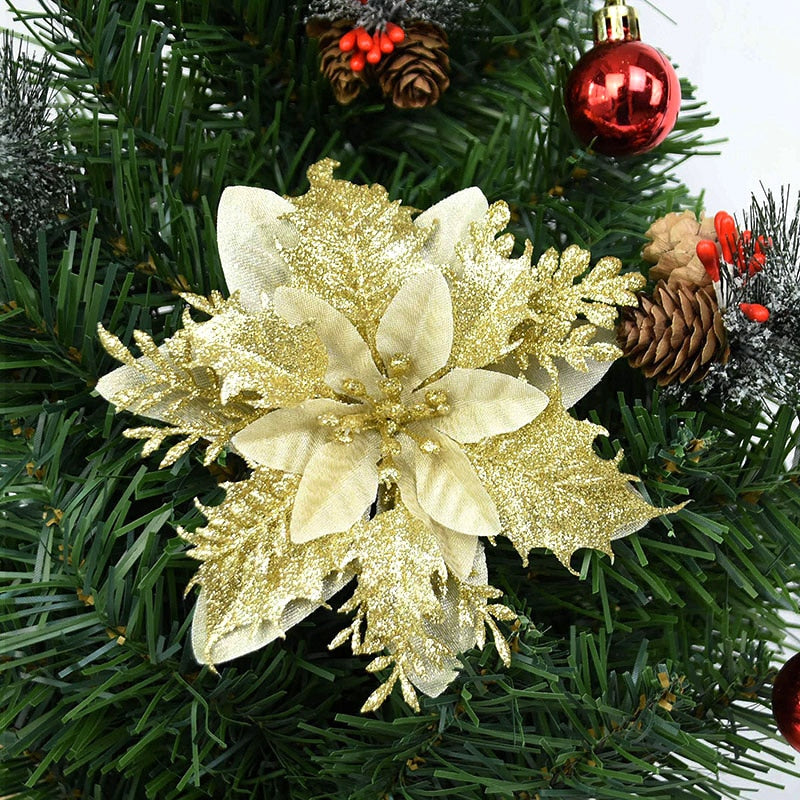 5pcs 14cm Glitter Artificial Christmas Flowers Xmas Tree Ornaments Merry Christmas Decorations for Home New Year Gifts Navidad