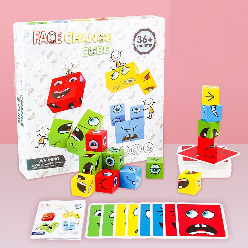 Montessori Face Change Blocks Wooden Toys Board Game Cartoon Puzzle Wooden Level Game Thinking Challenge Toys for Children