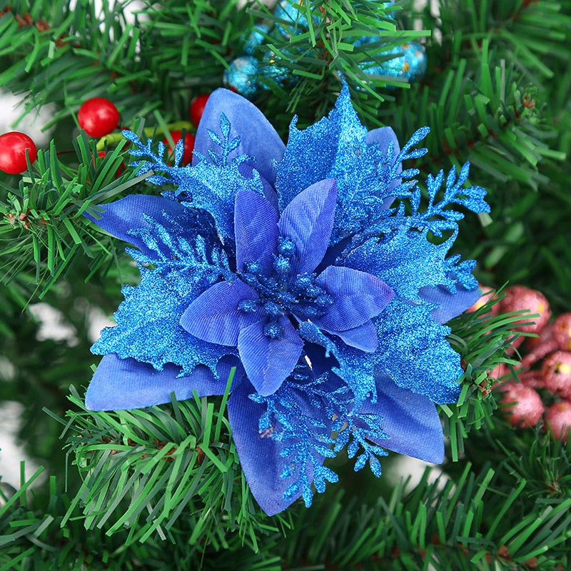 5pcs 14cm Glitter Artificial Christmas Flowers Xmas Tree Ornaments Merry Christmas Decorations for Home New Year Gifts Navidad