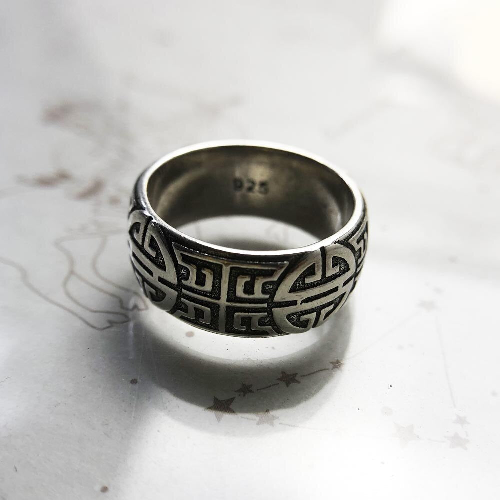 Band Ring Ethno Great Blessing Sign,Ethnic Fine Jewerly For Women Men Autumn Buddhist Prayer Gift In 925 Sterling Silver