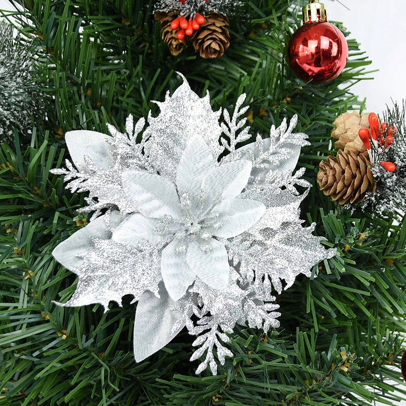 5pcs 14cm Glitter Artificial Christmas Flowers Xmas Tree Ornaments Merry Christmas Decorations for Home New Year Gifts Navidad