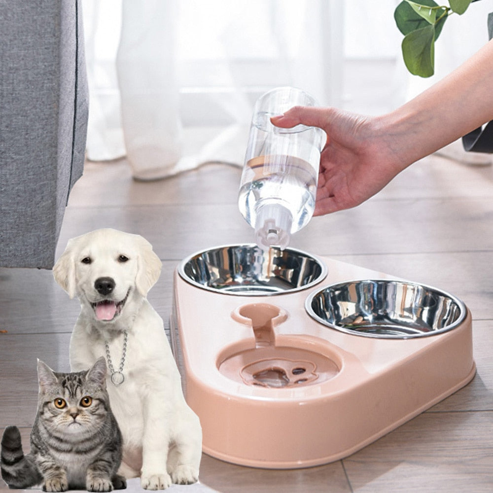 Pet Bowl Three Bowl Automatic Feeder and Water Anti Overturning Pet Dog Moisture Proof Mouth Stainless Steel Bowl for Cats - anconmall