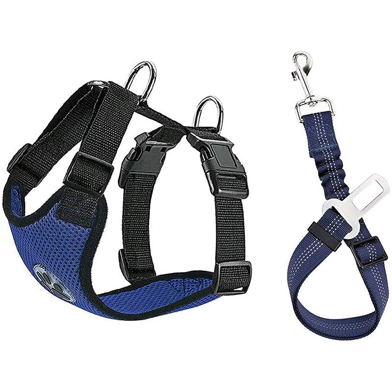 Car Seat Belt & Safety Harness for Pet Dog Cat Adjustable Breathable Mesh Harness with Secure Leads in Vehicle for Travel Trip - anconmall