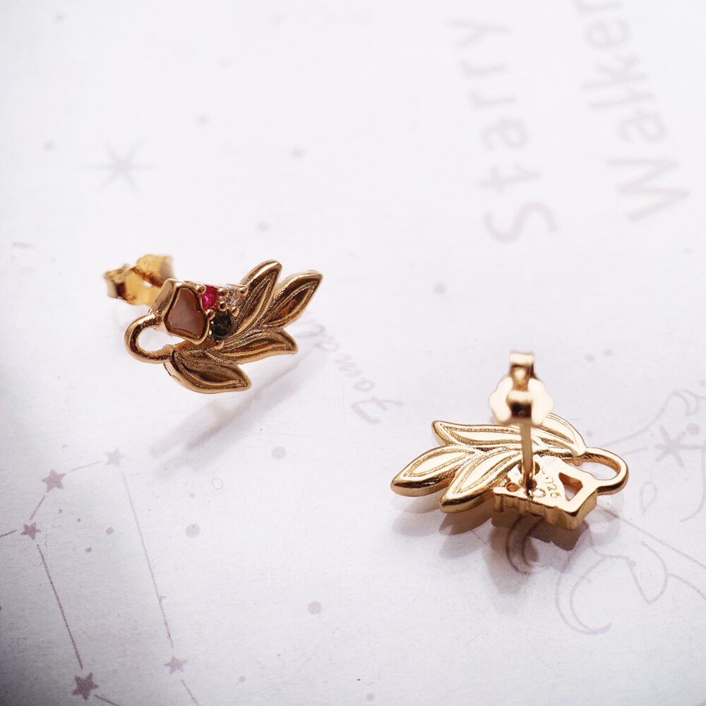 Ear Studs Golden Flower &amp; Leaf,Europe Fine Jewerly For Women,2022 Summer Romantic Gift In 925 Sterling Silver