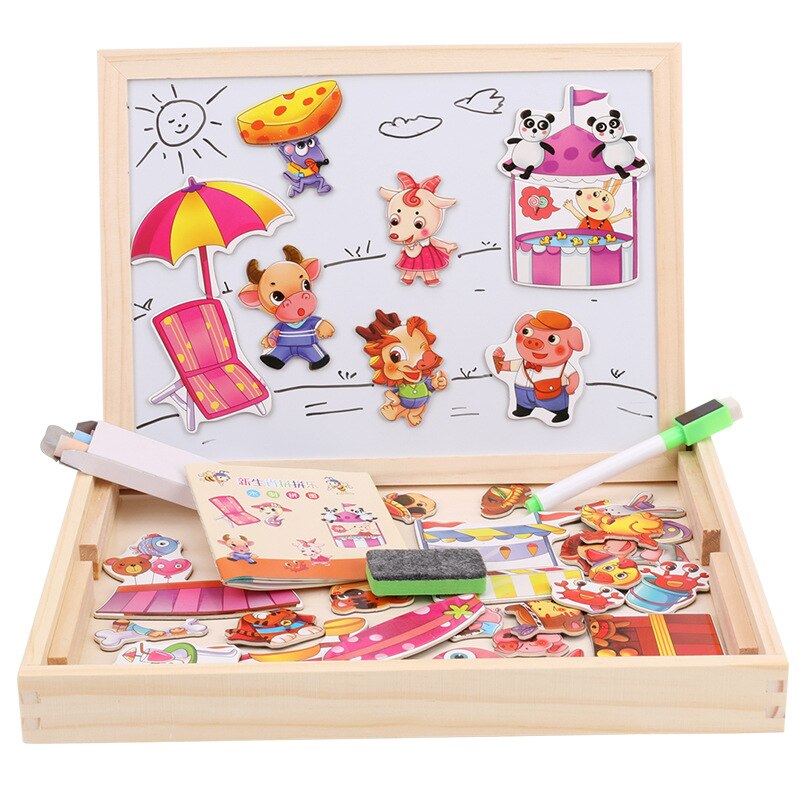 Wooden Kids Educational Learning Toys Magnetic Easel Double Side Dry Erase Board Puzzles Jigsaw Game Toys for Boys Girls