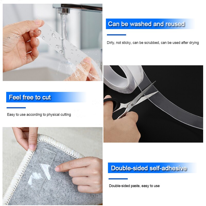 Double Sided Tapes Nano Tracsless Tape Transparent Reusable Waterproof Bathroom Cleanable Home Decoration Adhesive Tape