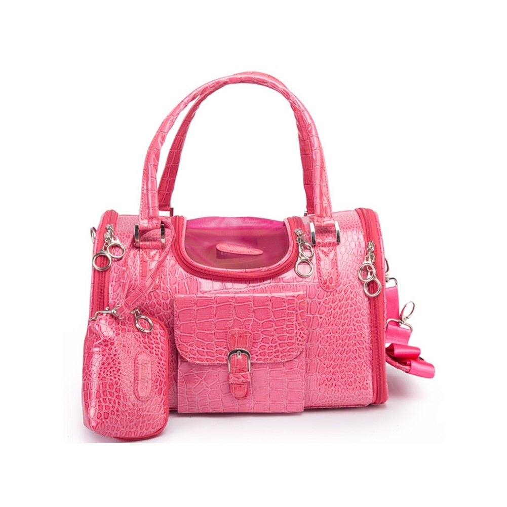 Fashion PU Leather Breathable Mesh Foldable Pet Cat Dog Carrier Handbag Pet Travel Portable Bag with Purse &amp; Adjustable Strap - anconmall