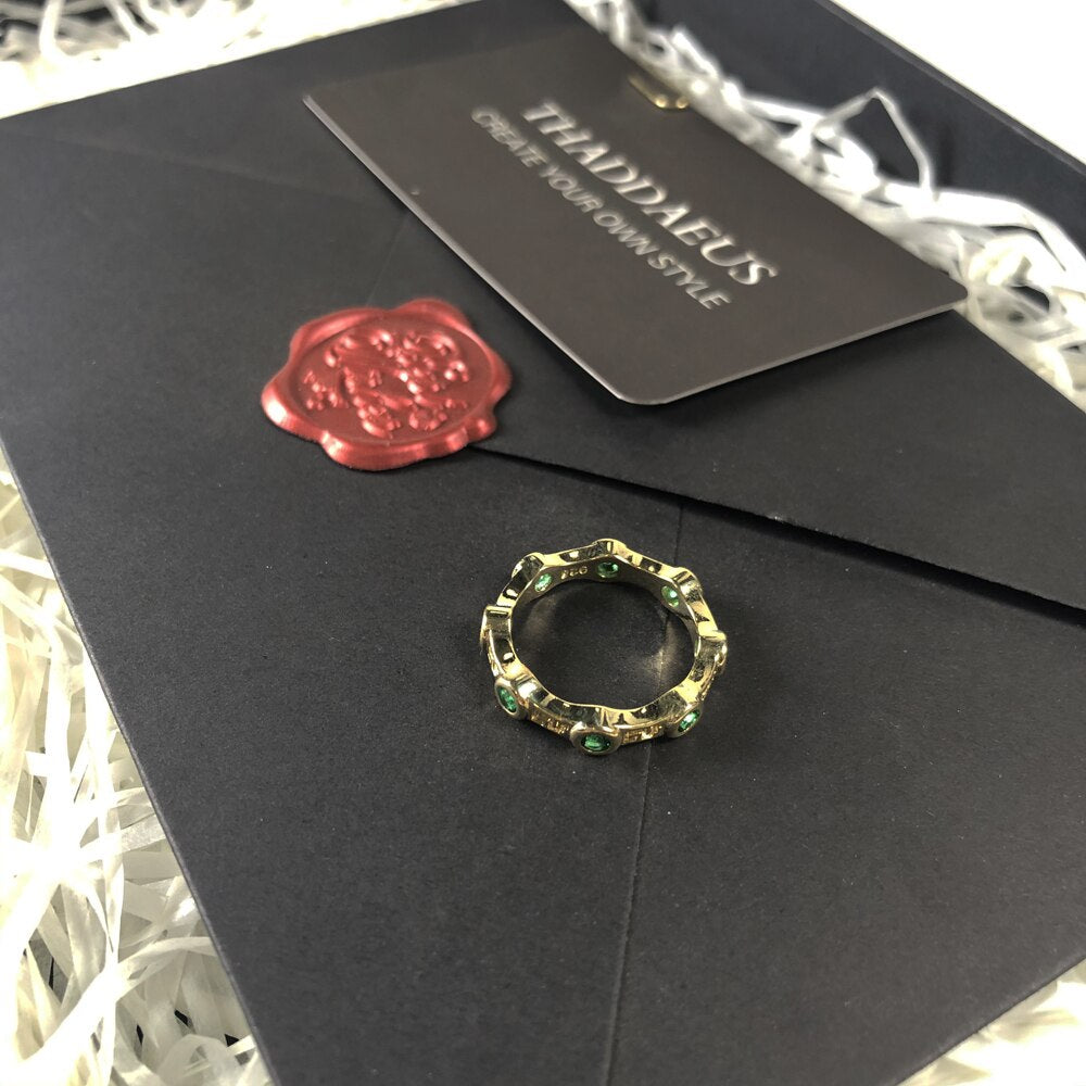 Band Ring Golden Green Stone Brand New Europe Style Glam Fashion Jewelry For Women Men Gift In 925 Sterling Silver