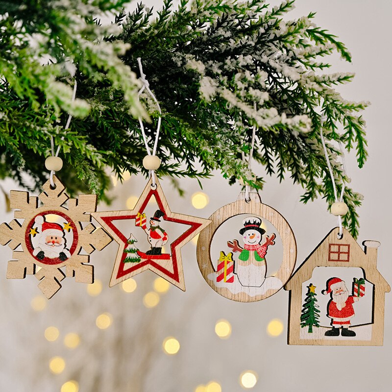12pcs Christmas Wooden Pendant Santa Claus Snowflake Xmas Tree Ornaments Hanging Decor DIY Christmas Decorations for Home 2022