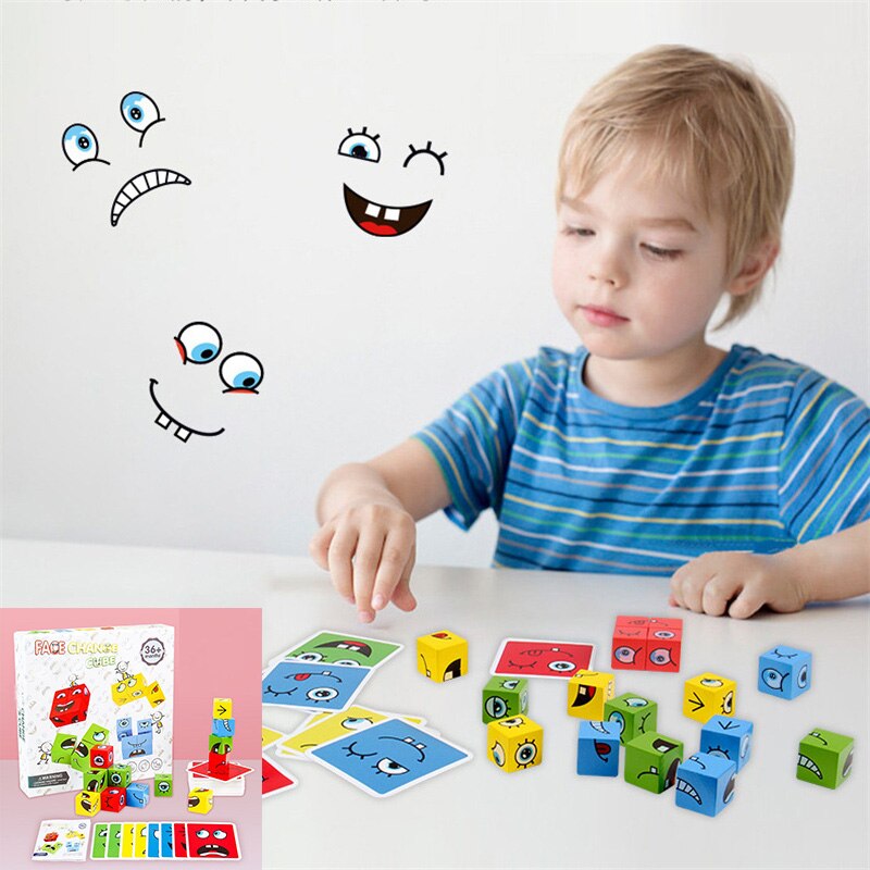 Montessori Face Change Blocks Wooden Toys Board Game Cartoon Puzzle Wooden Level Game Thinking Challenge Toys for Children