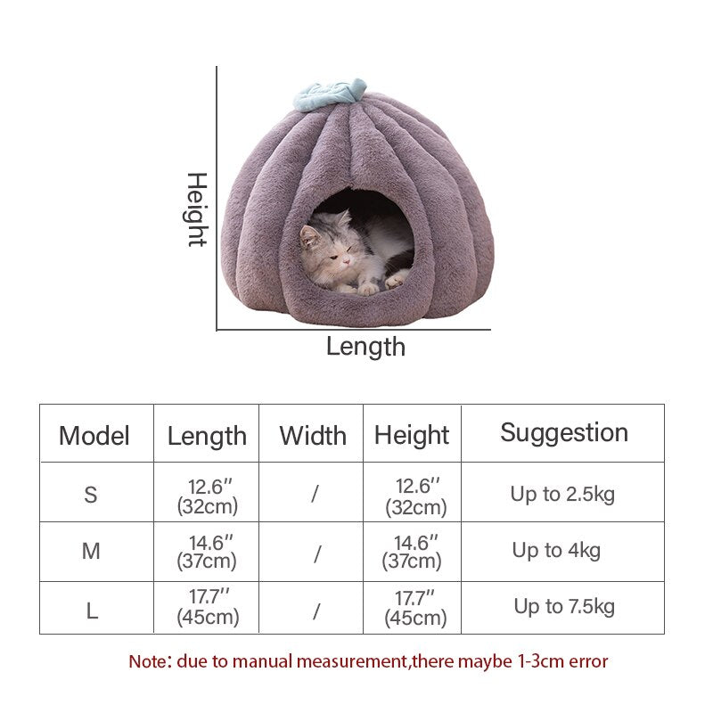 Semi-Enclosed Warm Cat Calming Bed Pumpkin-Shaped Soft Cozy Cat Tent House with Removable and Washable Double-Sided Cushion Pad - anconmall