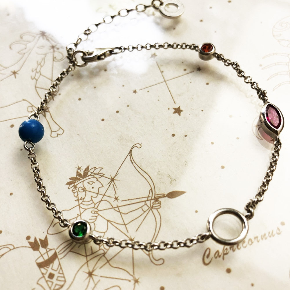 Charm Bracelet Coloured Stones Spring Brand New Link Chain 925 Sterling Silver Jewelry Stylish Gift For Women