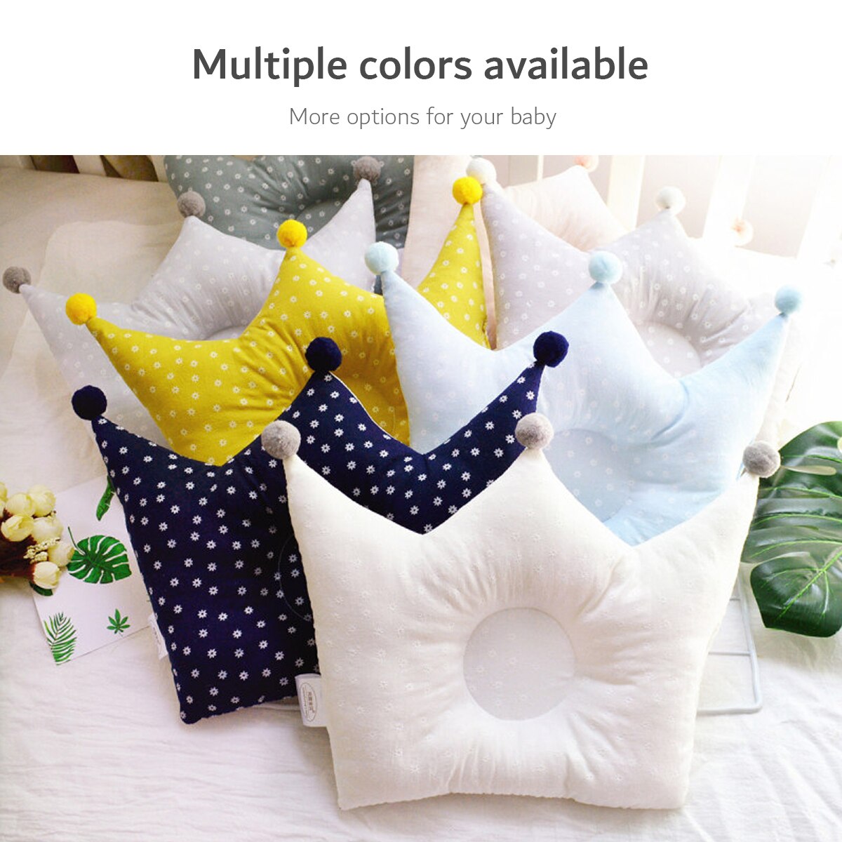 hibobi Baby Pillow Crown Shape Print Stereotype Cotton Anti Roll Sleeping Support Pillow Concave Design Prevent Flat for Newborn