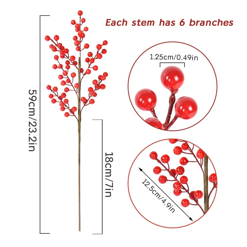 1/2pcs Christmas Decor Red Berry Stamen Branch Artificial Flower Bouquet Xmas Home Vase DIY Decoration Wedding Party Fake Plant