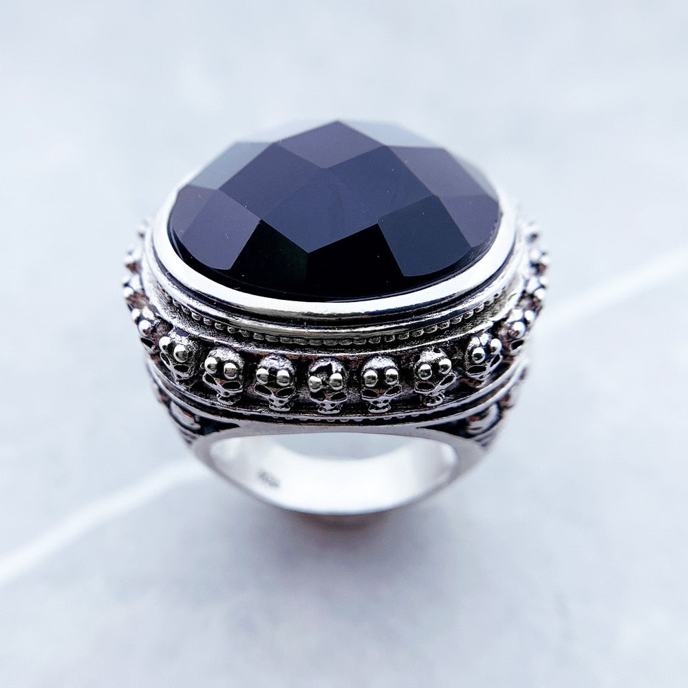 Cocktail Ring Black Oval CZ Skull Skeleton,Europe Style Fashion Jewelry Gift In 925 Sterling Silver For Men &amp; Women