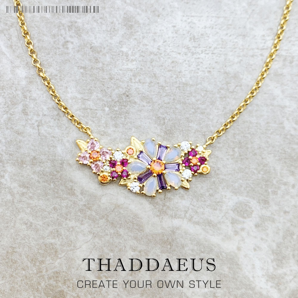 Necklace Flowers Colourful Stones Brand New Link Chain Fine Jewelry Europe 925 Stering Silver Romantic Gift For Women