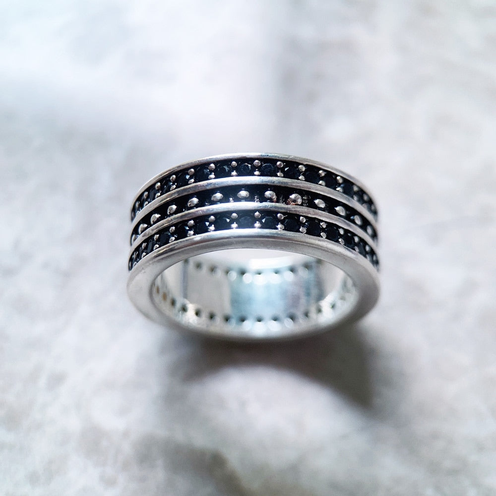 Band Ring Black CZ Pave Europe Style Vintage Jewelry Fine Jewerly For Women Men Gift In 925 Sterling Silver