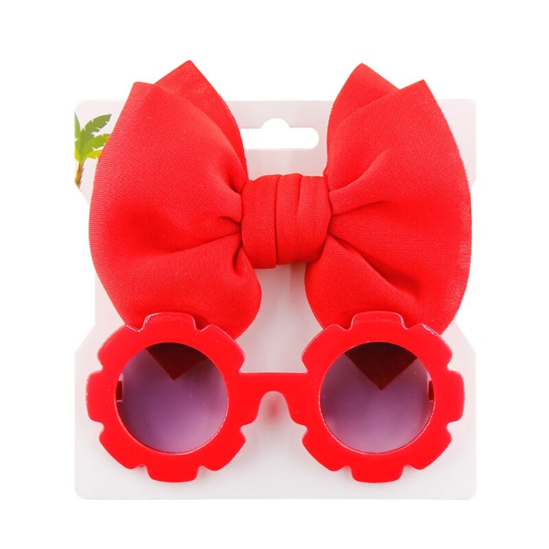1Set Children Baby Girls Sunglasses Hair Band Set Solid Color Cartoon Glasses Knot Bow Headband Photo Props Gifts