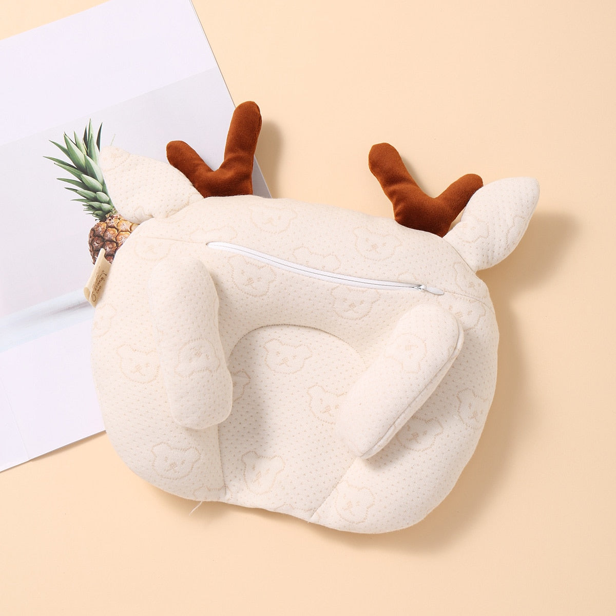 hibobi Baby Pillow Soft Deer Shape Pillow &amp; Bear Pattern Stereotype Cotton Anti Roll Sleep Support Concave Design Prevent Flat