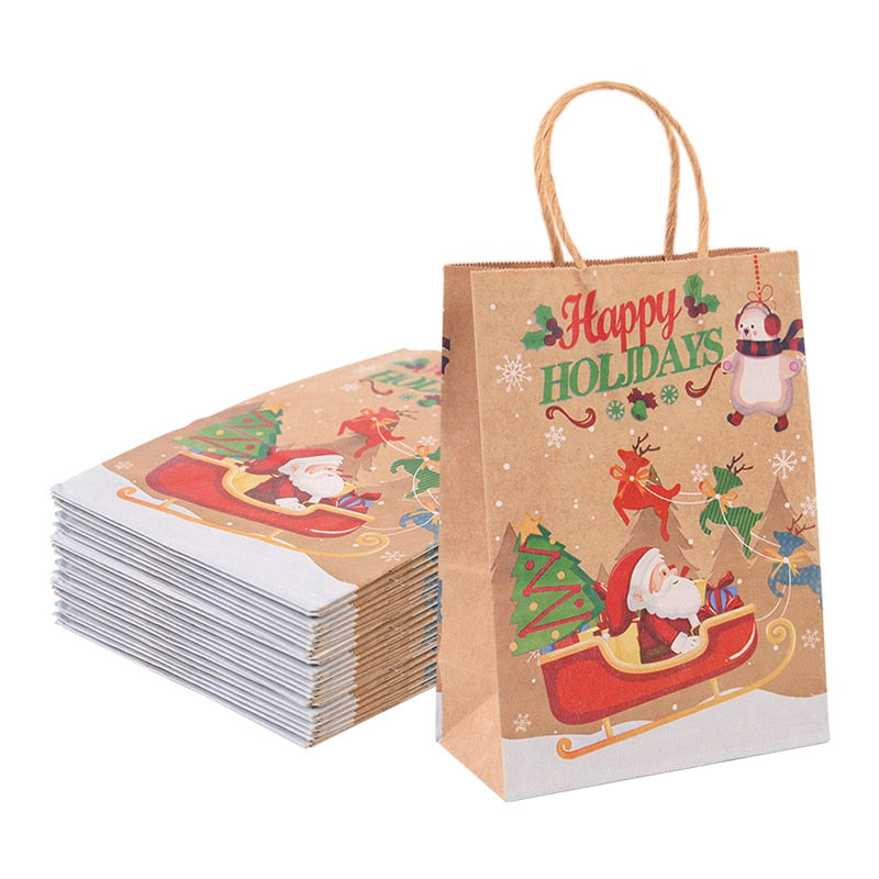 5PCS Merry Christmas Paper Gift Bags Santa Claus Xmas Tree Candy Biscuit Packaging Bag Christmas New Year Party Kids Gift Favors