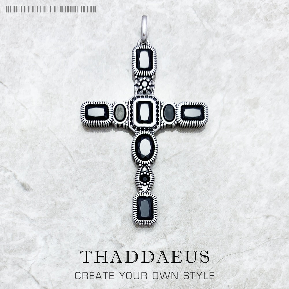 Cross Black Stone Pendant,Brand New 925 Sterling Silver Vintage Jewelry Accessories Graceful Faith Gift For Woman