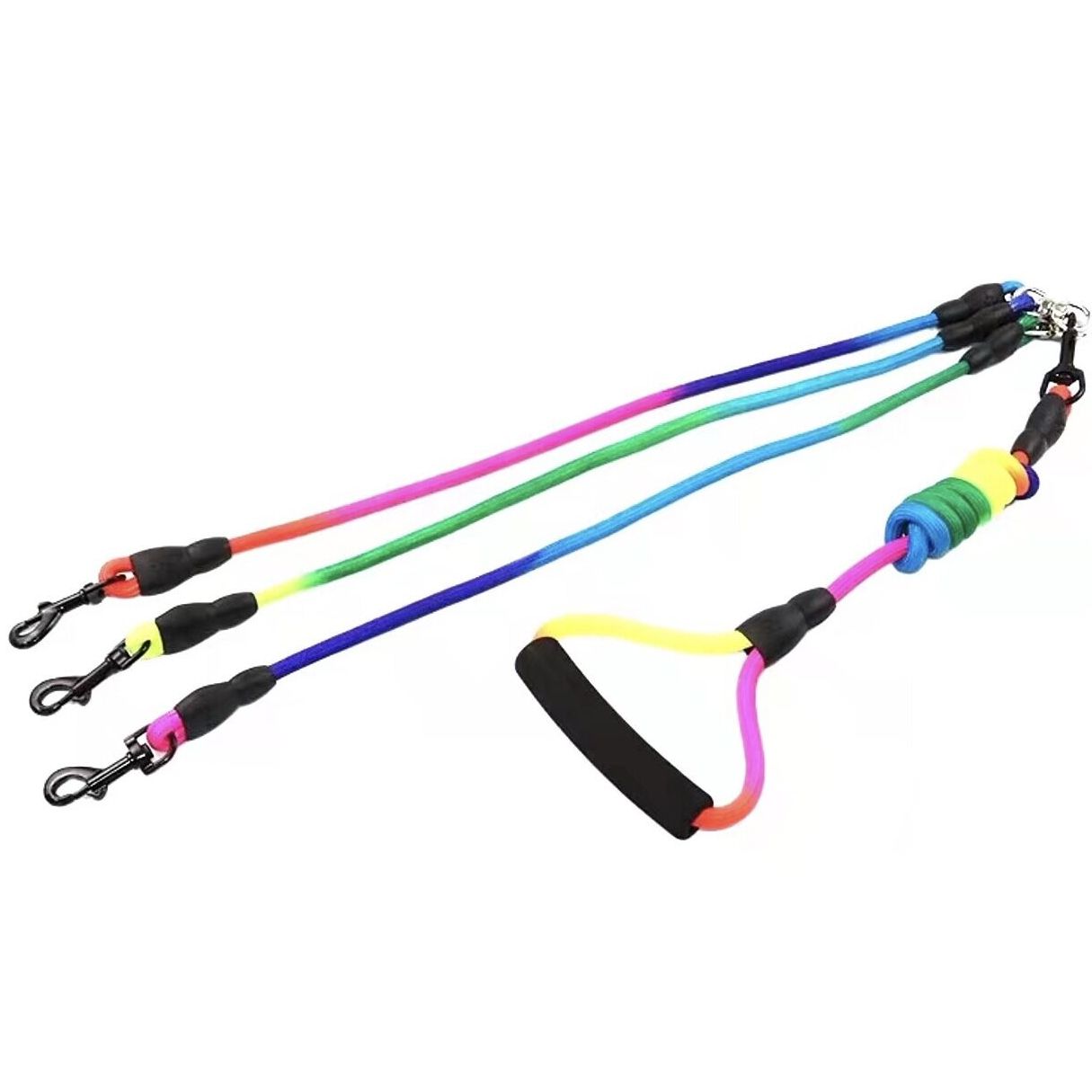 Colorful Multi-Dog Leash for Connecting 3 In 1, Dog Outdoor Walking Nylon Detachable Round Traction Rope with Padded Foam Handle