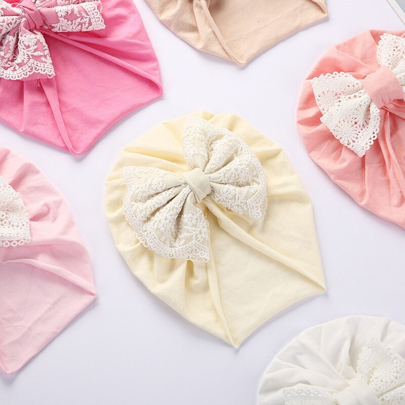Baby Girl Turban Bow Hats Breathable Hat Headdress w/ Pure Color Comfort Beanie Skin Friendly Hand Wash Newborn Head