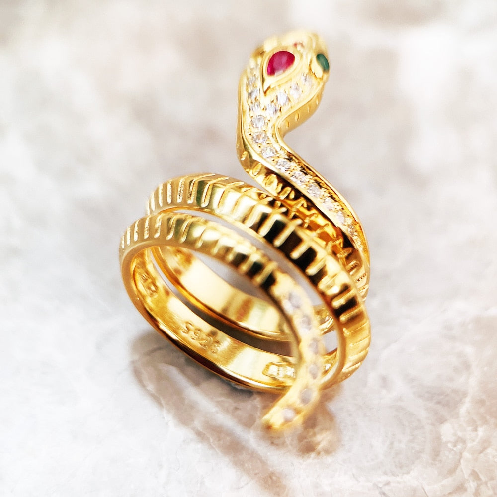 Golden Snake Ring Fine Jewerly For Women Summer Brand New Bohemia Gift In 925 Sterling Silver