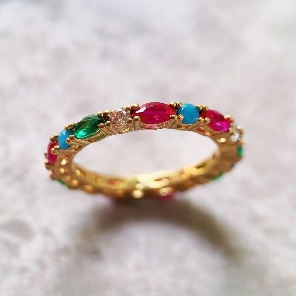 Gold Color Colorful Stones Ring Europe Style Glam Fine Jewerly For Women Gift In 925 Sterling Silver