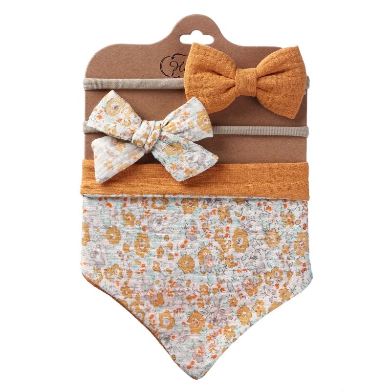 3Pcs/Set Cotton Baby Bib Bow Headband Adjustable Button Triangle Saliva Towel Print Infant Boy Girl
