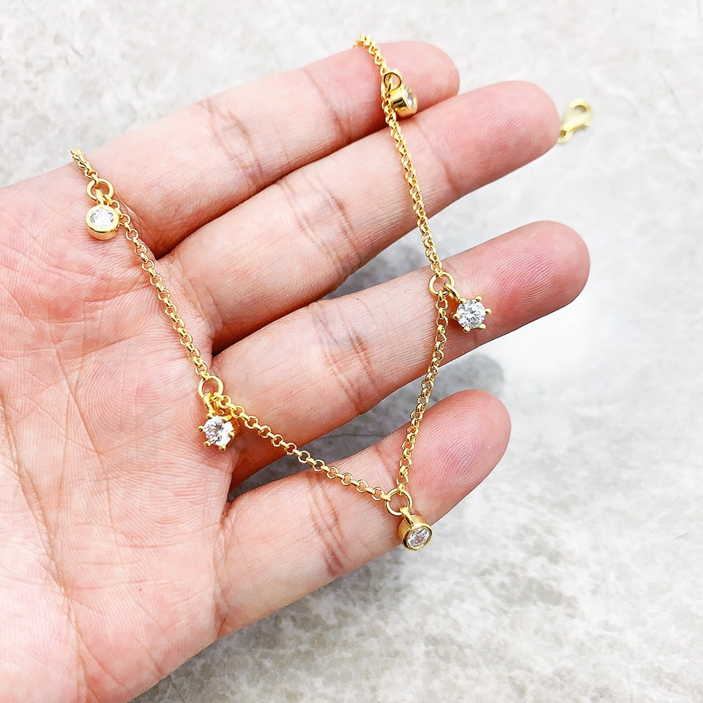 Gold Link Chain Necklace White Stones Fine Jewelry Europe 925 Stering Silver 2023 Brand New Trendy Gift For Women