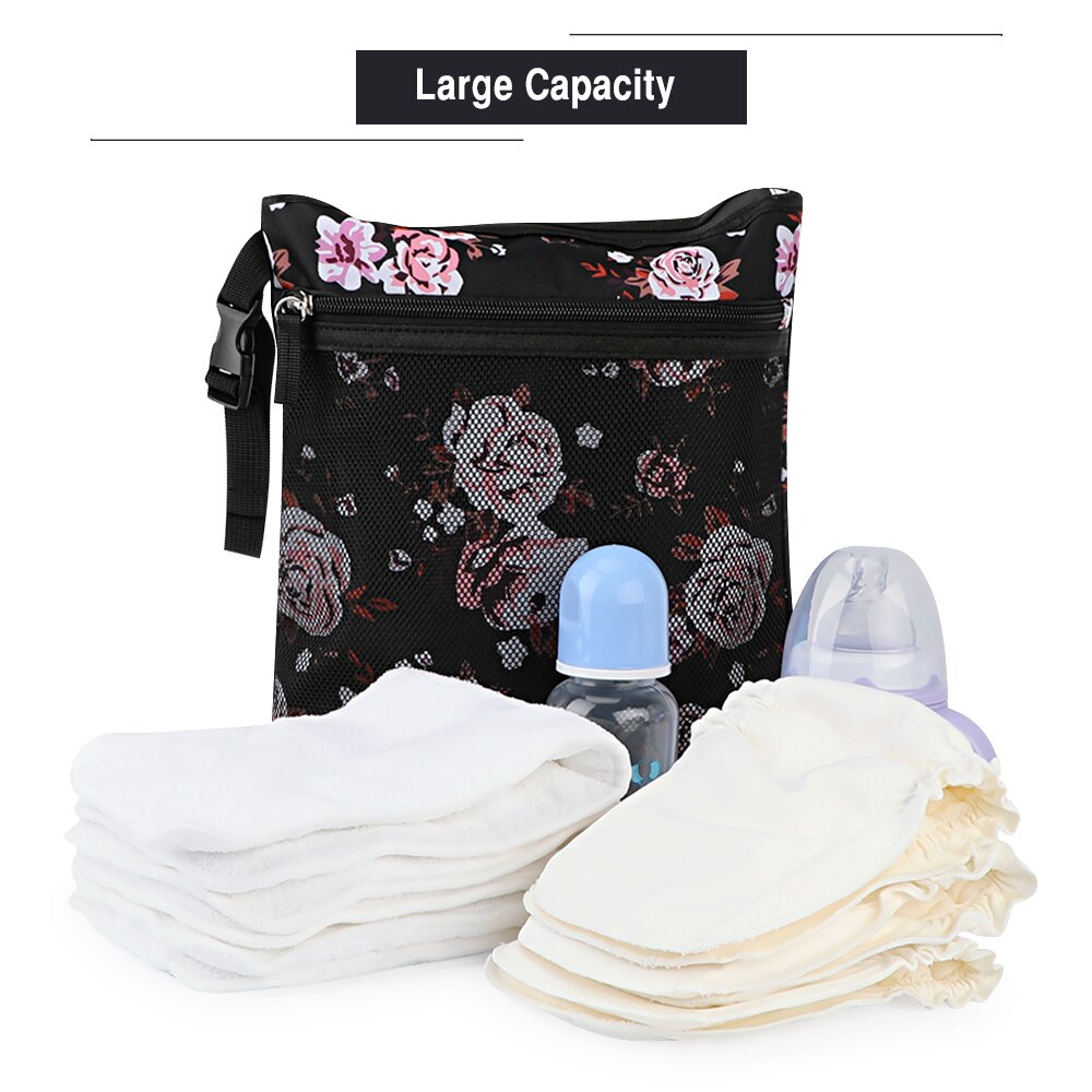 Baby Diaper Bag Cartoon Print Waterproof Wet Dry Nappy Zipper Handbag Stroller Carry Pack Travel Outdoor Wet Diaper Storage Bags