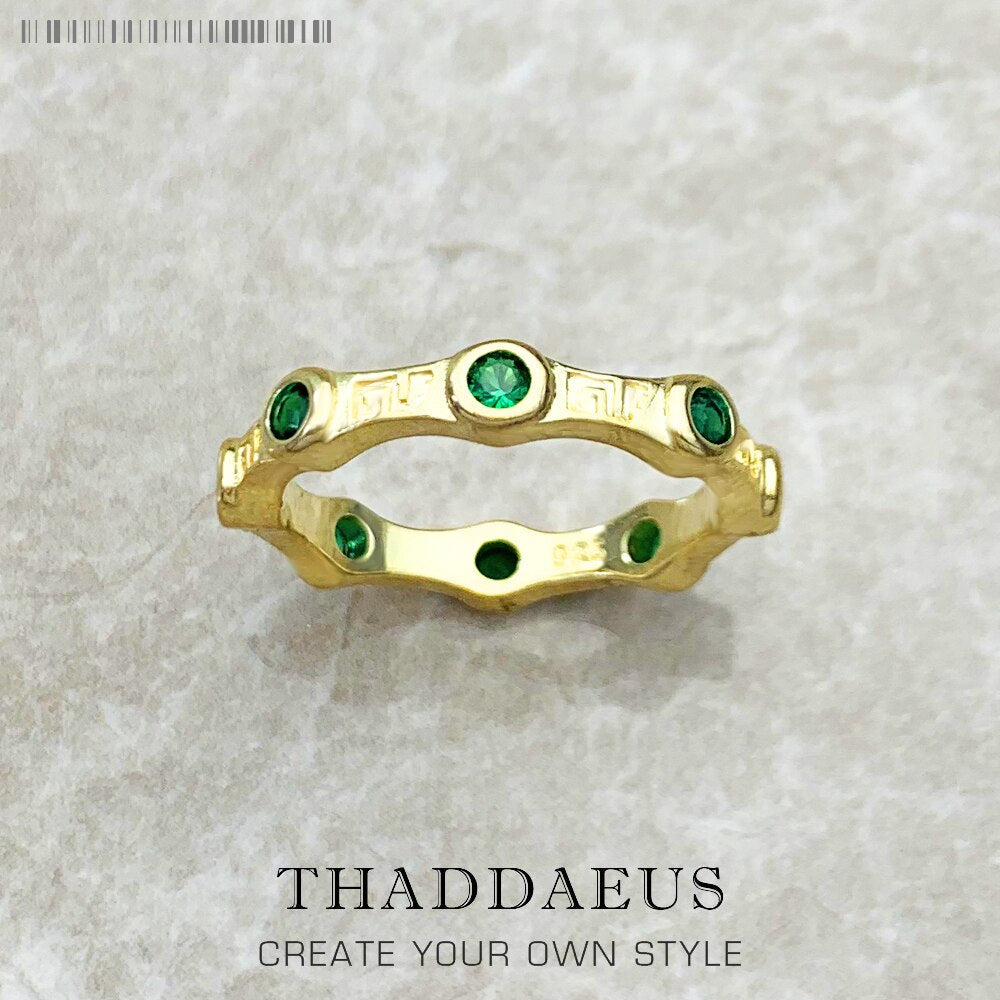 Band Ring Golden Green Stone Brand New Europe Style Glam Fashion Jewelry For Women Men Gift In 925 Sterling Silver