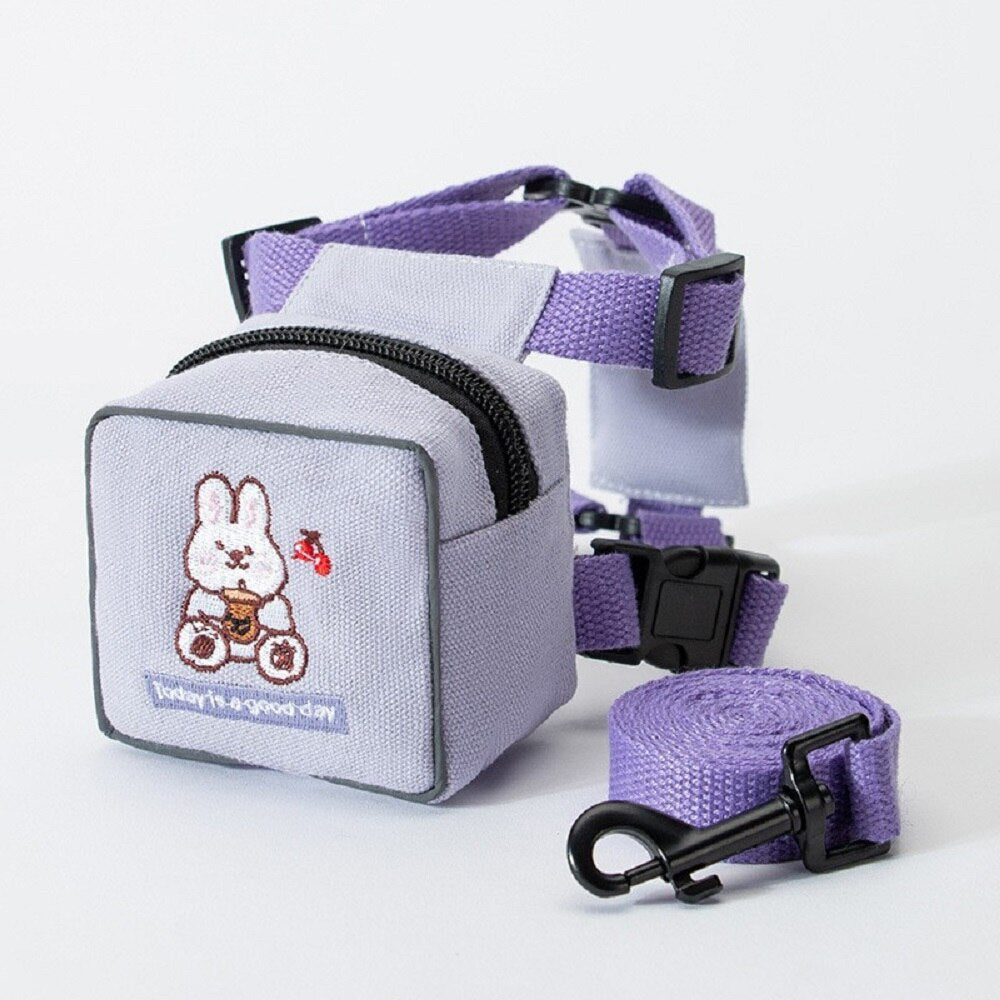 Small Dogs and Cats Vest Type Mini Self Carrier Backpack Cute Cartoon Pattern Outdoor Adjustable Harness with 1.5m Traction Rope - anconmall