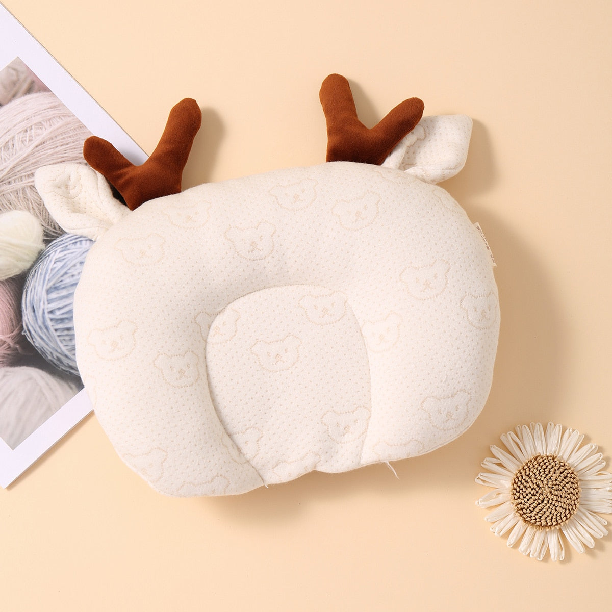 hibobi Baby Pillow Soft Deer Shape Pillow &amp; Bear Pattern Stereotype Cotton Anti Roll Sleep Support Concave Design Prevent Flat