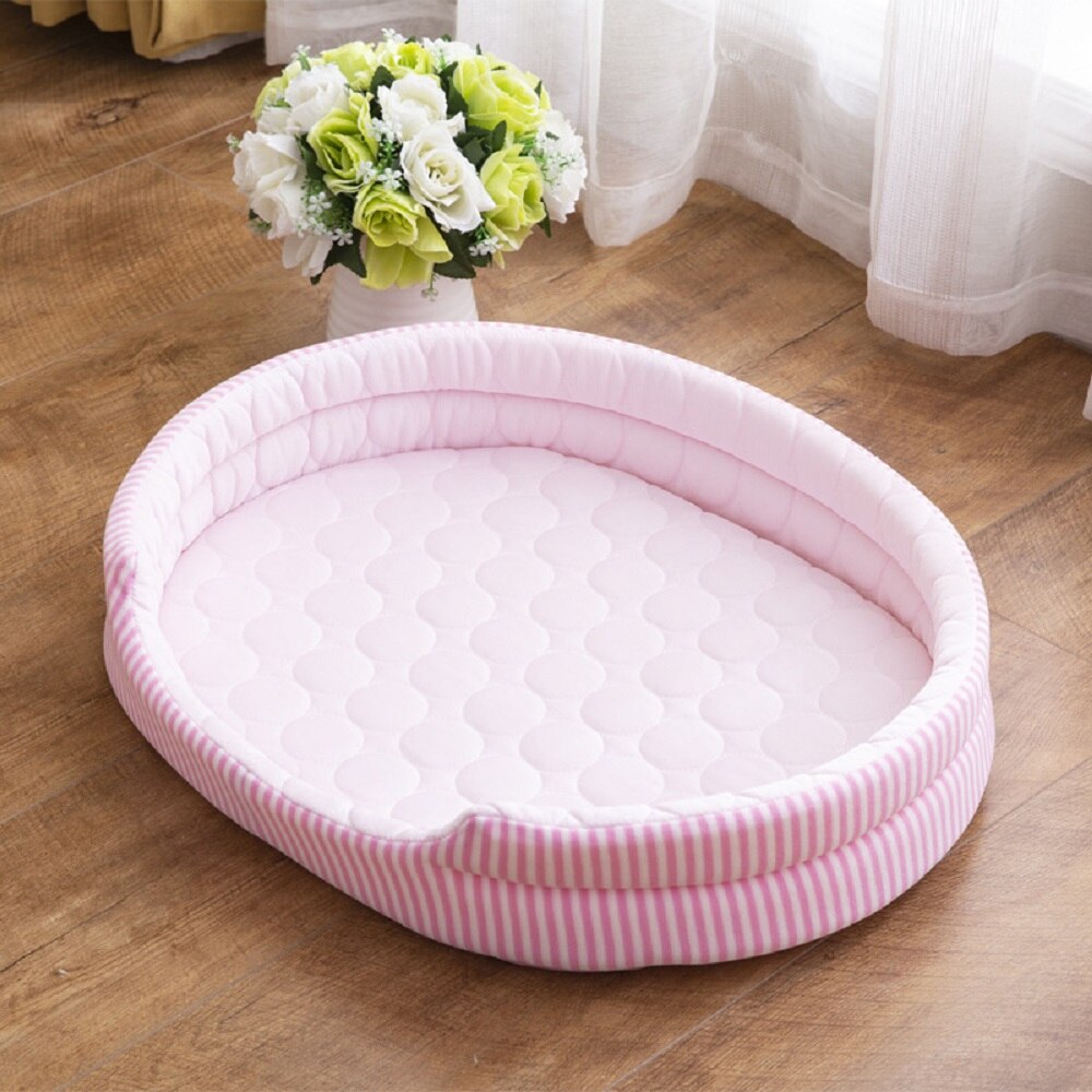 Reversible Pet Dogs Bed Mat Oval Striped Lounger Cushion 4 Seasons Washable Lightweight Summer Cooling Beds for Cats and Puppies - anconmall