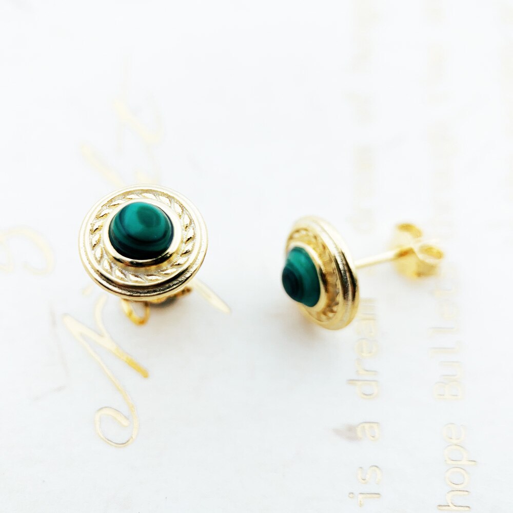 Green Stone Round Gold Stud Earrings,Europe Vintage Good Fine Jewerly For Women,2022 Brand New Gift In 925 Sterling Silver
