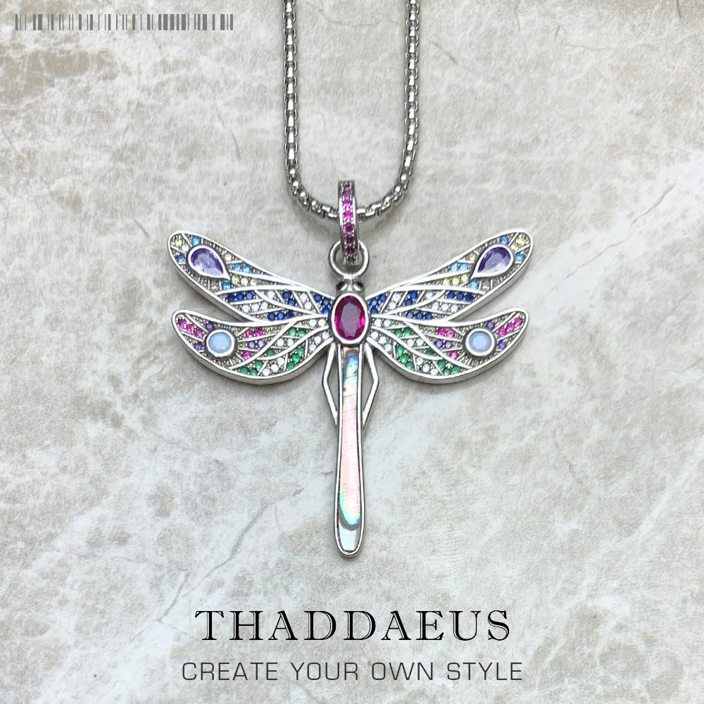 Colorful Dragonfly Pendant Link Chain Necklace Summer Brand New Fine Jewelry Europe 925 Sterling Silver Gift For Women