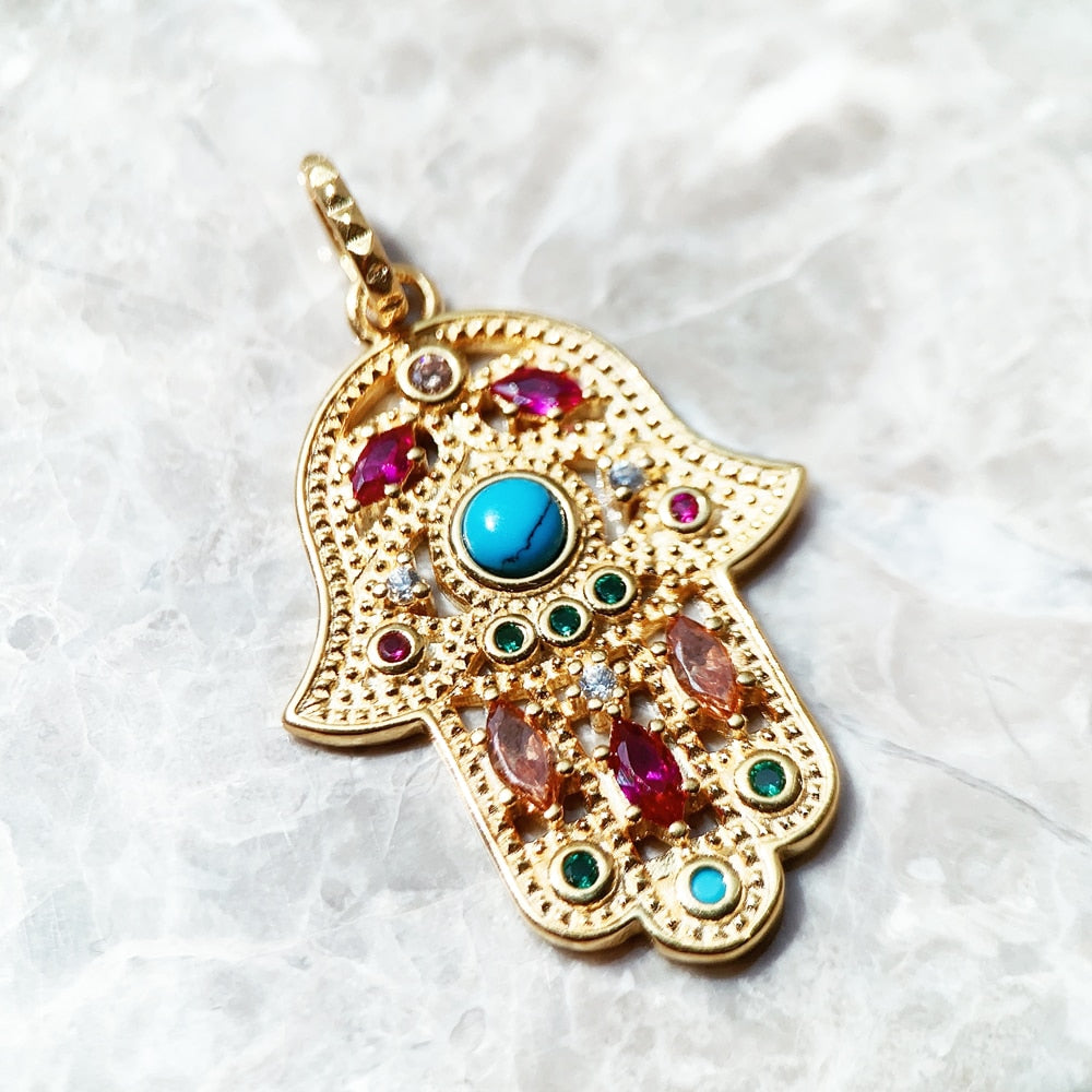 Pendant Hand of Fatima,Summer New Golden Jewelry Bohemia 925 Sterling Silver Turquoise Accessories Protection Gift For Women Men