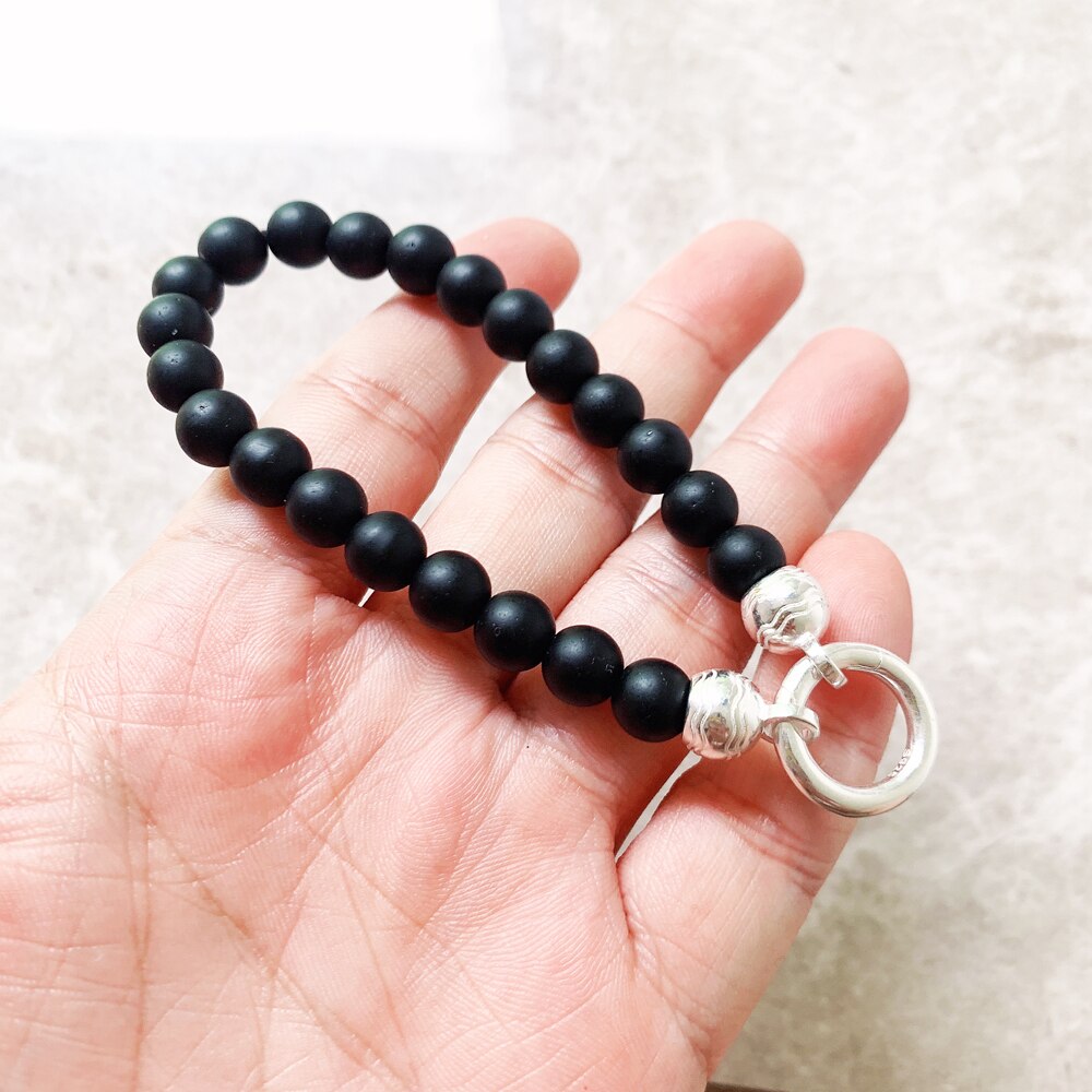Beads Bracelet Matt Obsidian in Pure 925 Sterling Silver Vintage Gift For Women & Men