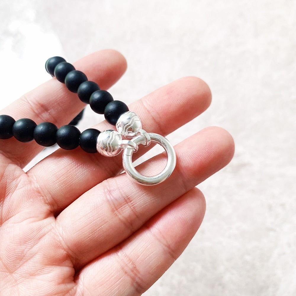 Strand Necklace Matt Obsidian Carrier New Real 925 Sterling Silver Jewelry Europe Style Vintage Gift For Women Men