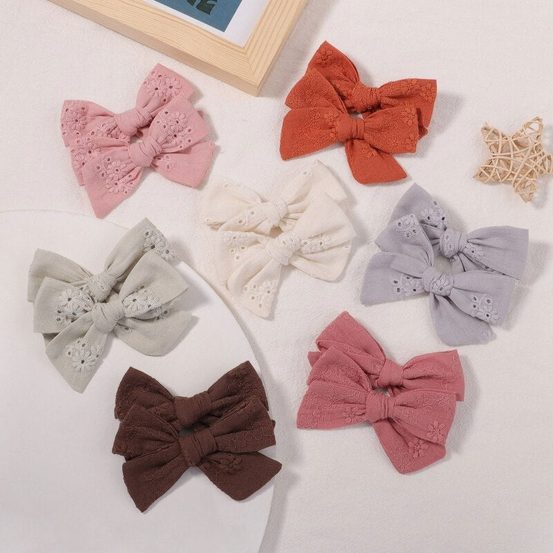 2Pcs/Set Sweet Floral Embroidery Solid Color Bowknot Hair Clips for Kids Baby Girls Alligator Hairpins Headwear Toddlers Hair