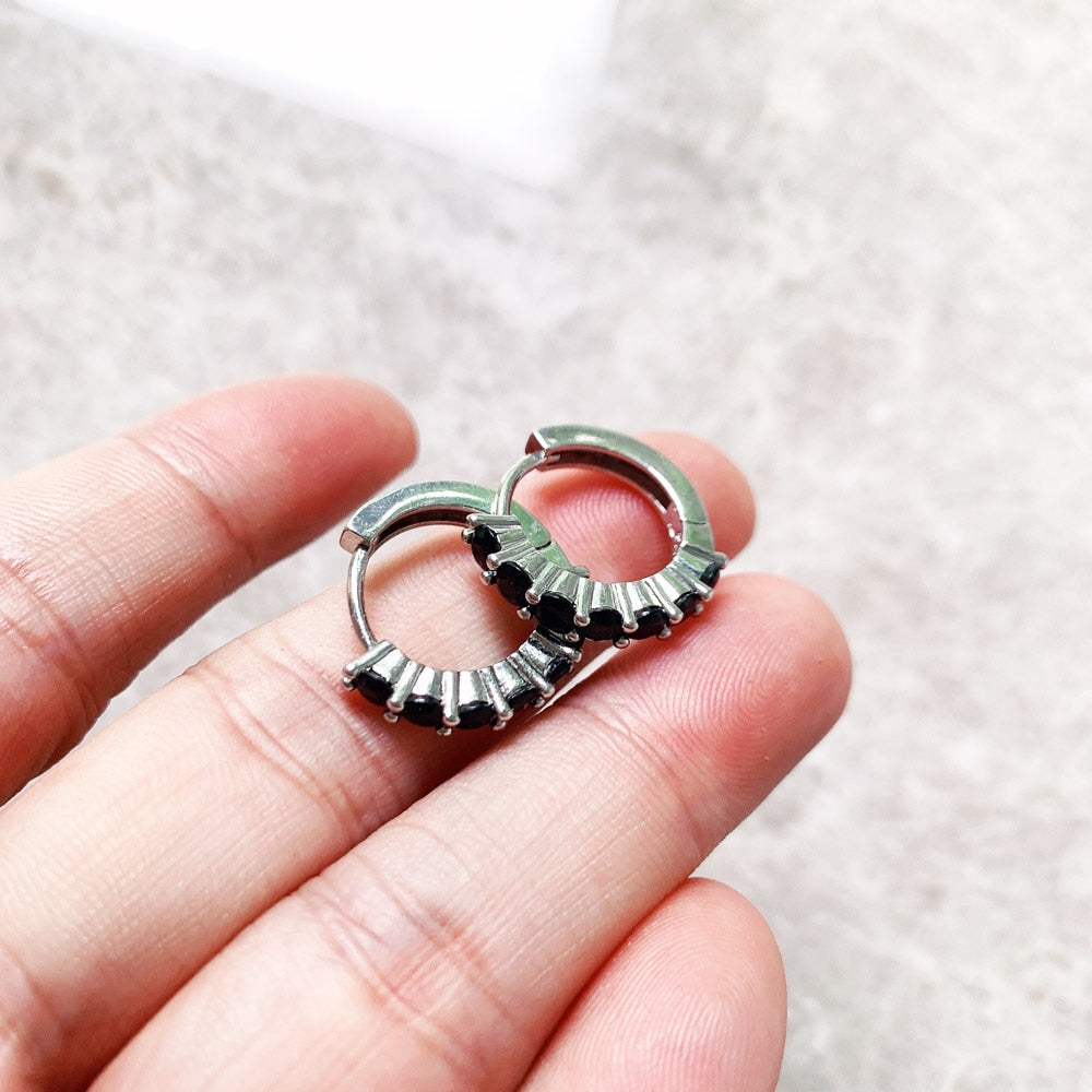 Creole Black CZ Hinged Hoop Earrings Gift In 925 Sterling Silver Europe Style Glam Trendy Fine Jewerly For Women