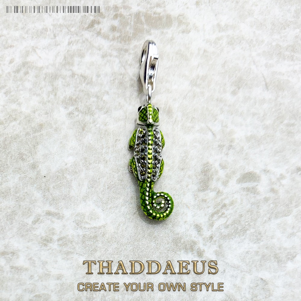 Pirate Green Lizard Chameleon Charm,Brand New Fine Jewelry Europe Real 925 Sterling Silver Accessories Gift For Women Men